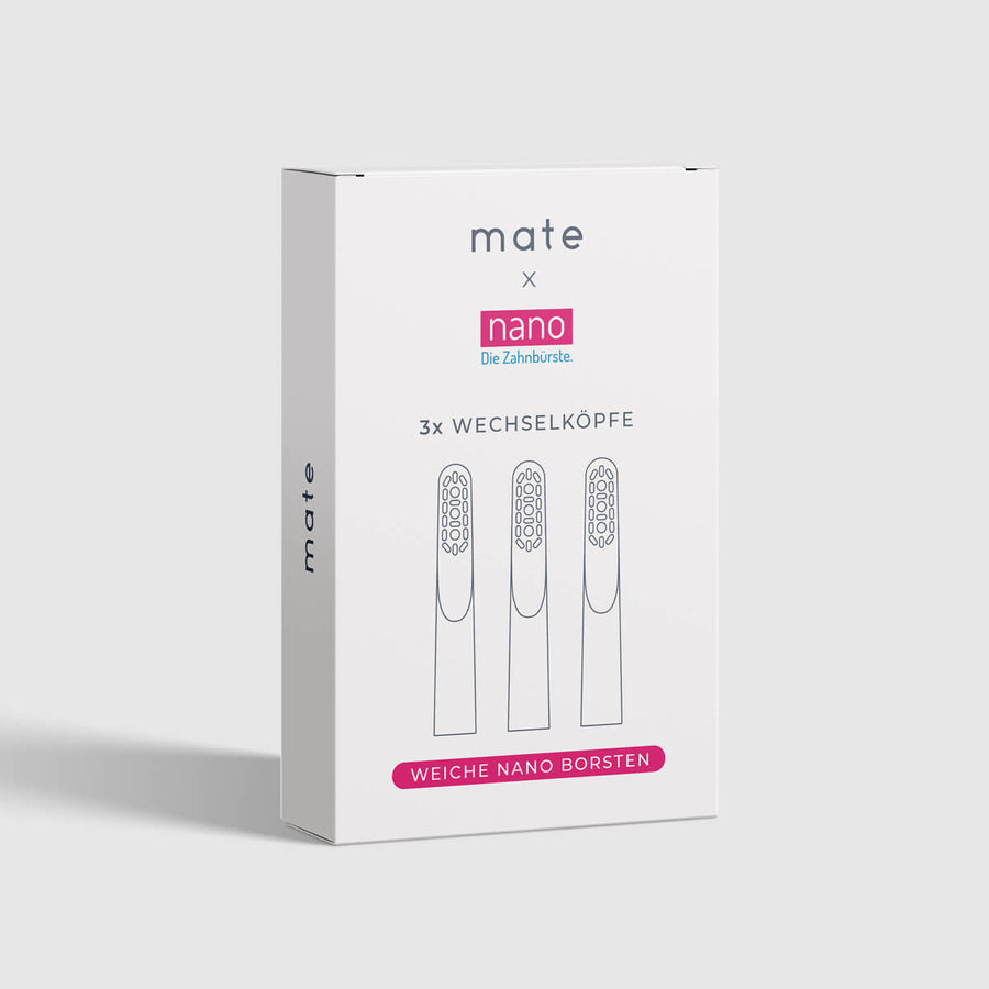 mate schallzahnbürste aufsteck-wechselkopf härtegrad superweich kooperation mit nano die zahnbürste verpackung bild copyright: mate